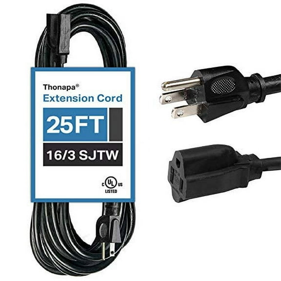 Thonapa 25 Ft Black Extension Cord - 16/3 Electrical Cable with 3 Prong Grounded Plug for Safety