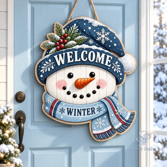 Door Hanger Snowman Welcome with Blue Snowflakes, Wooden Front Porch Accent for Christmas Guests