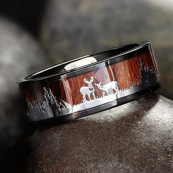 Pisexur Valentines Day Gifts Black Ring Wood Inlay Deer Stag Silhouette Ring Mens Wedding Band Valentines Day Gifts for Her