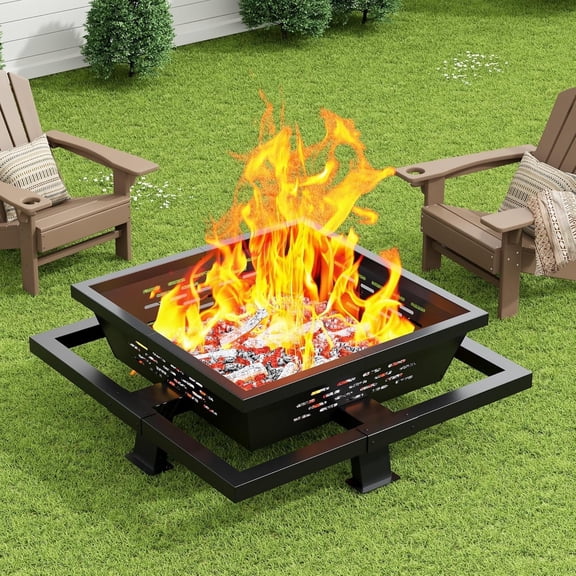 Auhilence 36" Fire Pit for Outside, Square Outdoor Wood Burning Firepit with Poker for Camping, Backyard, Patio, Black