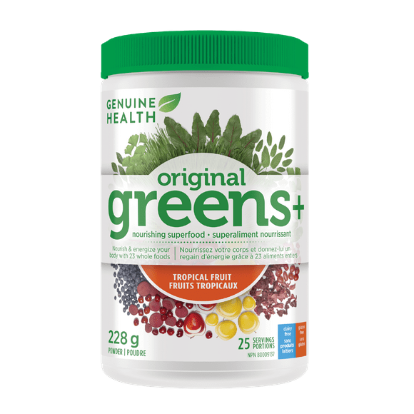 Genuine Health Greens+ Original, 25 servings, 228g, Superfoods, antioxidants and polyphenols to nourish and energize your body, Tropical fruit flavoured powder, Dairy and gluten-free