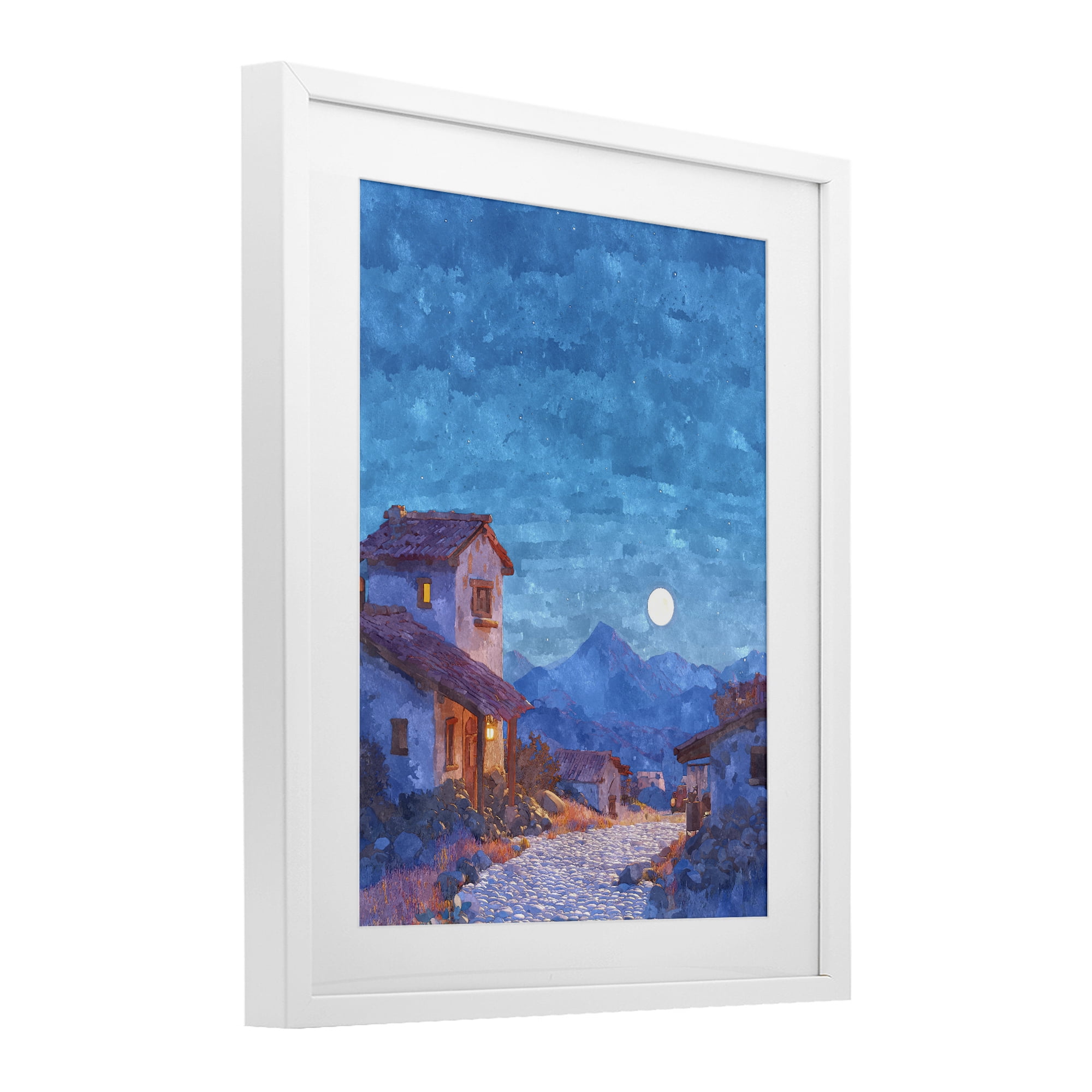 Moon over Quiet Town White Framed Print Under Glass, design by Ziwei Li