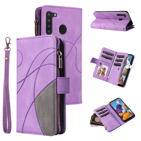 Wallet Case for Samsung Galaxy A21, PU Leather Zipper Storage Bag Kickstand Shockproof Flip Cover for Samsung Galaxy A21
