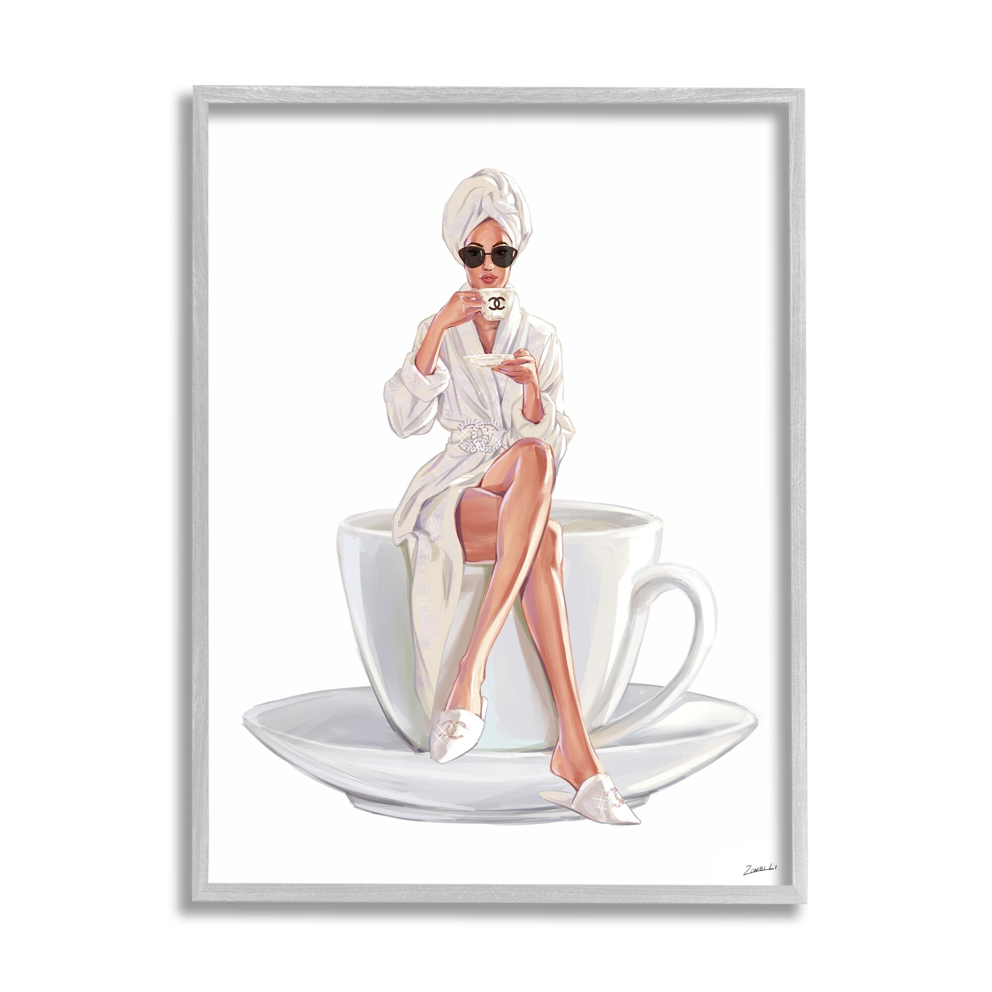 Stupell Industries Chic Woman Robe Coffee Cup Designer Logo Sunglasses Framed Wall Art, 11 x 14, Design by Ziwei Li