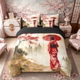 thumbnail image 3 of Manfei Watercolor Geisha Twin Bedding Sets for Home, Fuji Sakura Bedding Comforter Set for Office, Red Brown Green, Black Reversible7 Pieces, 3 of 6