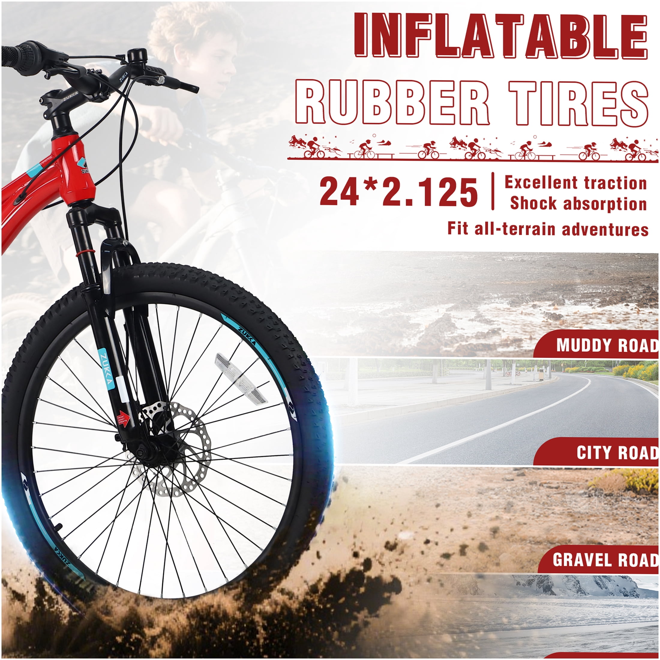 JERFIT 24 inch Kids Mountain Bike with 6-Speed Shimano Gears, Front Suspension Fork & Dual Disc Brakes for Boys and Girls Age 9-12, Red Steel Frame