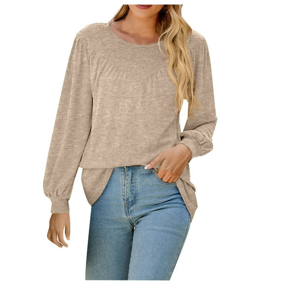 Scyoekwg Dressy Tops for Women Trendy Long Sleeve Shirts Solid Color Round Neck Lantern Sleeve Pleated Tunic Tshirt Casual Loose Blouses (Beige,L)