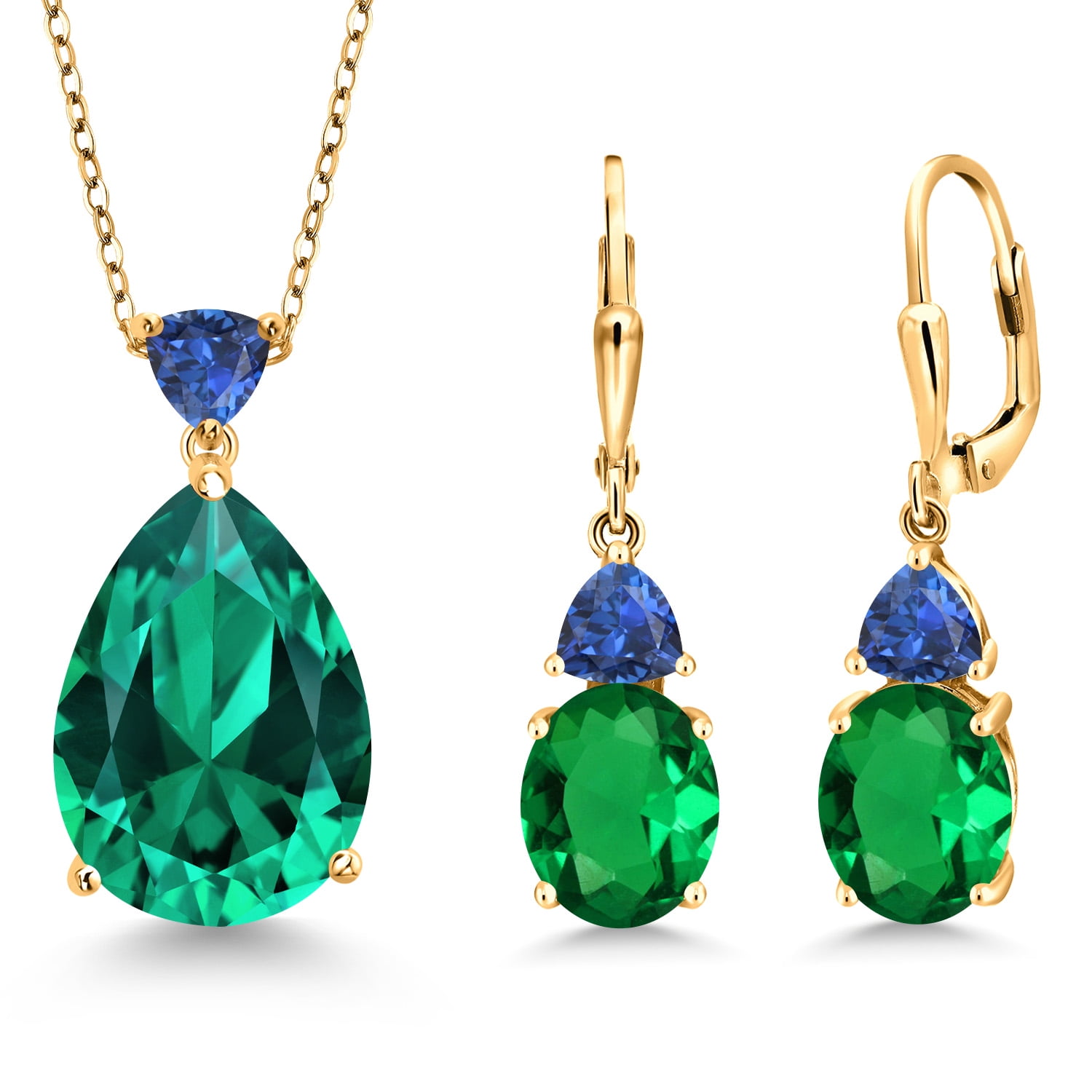 Gem Stone King 18K Yellow Gold Plated Silver Green Nano Emerald and Blue Created Sapphire Pendant Earrings Jewelry Set for Women (14.87 Cttw, Pear Shape 18X13MM, with 18 inch Chain)