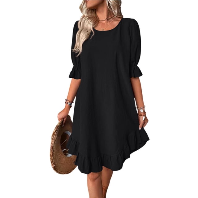 Vestido Corto Holgado con Mangas Abullonadas, Bajo con Volantes, Cuello Redondo y Fruncido, Color Negro, Talla M
