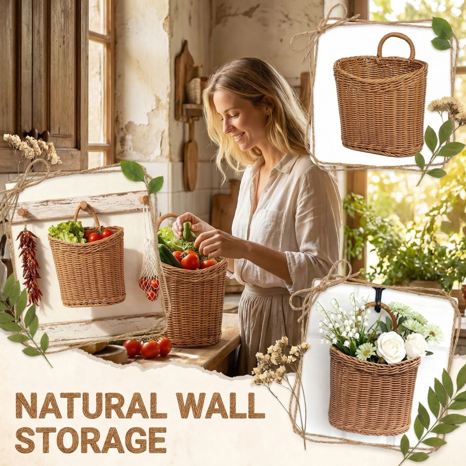 Woven Hanging Basket for Kitchen Wall, Small Hanging Wicker Fruit Basket, Wall Organizer for Bread Onion Garlic Fruit Vegetable Storage, Farmhouse