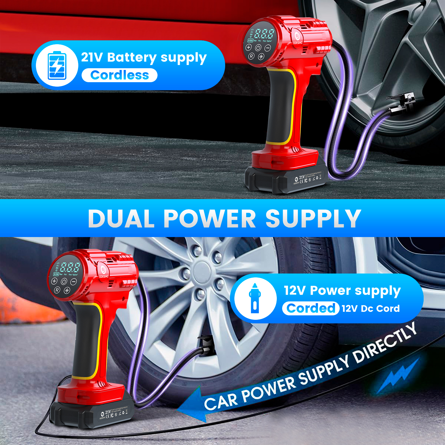 ODEGNC 10000mAh 21V 160PSI Cordless Tire Inflator Dual-Power For Car Bike Ball Portable Air Compressor LED Light