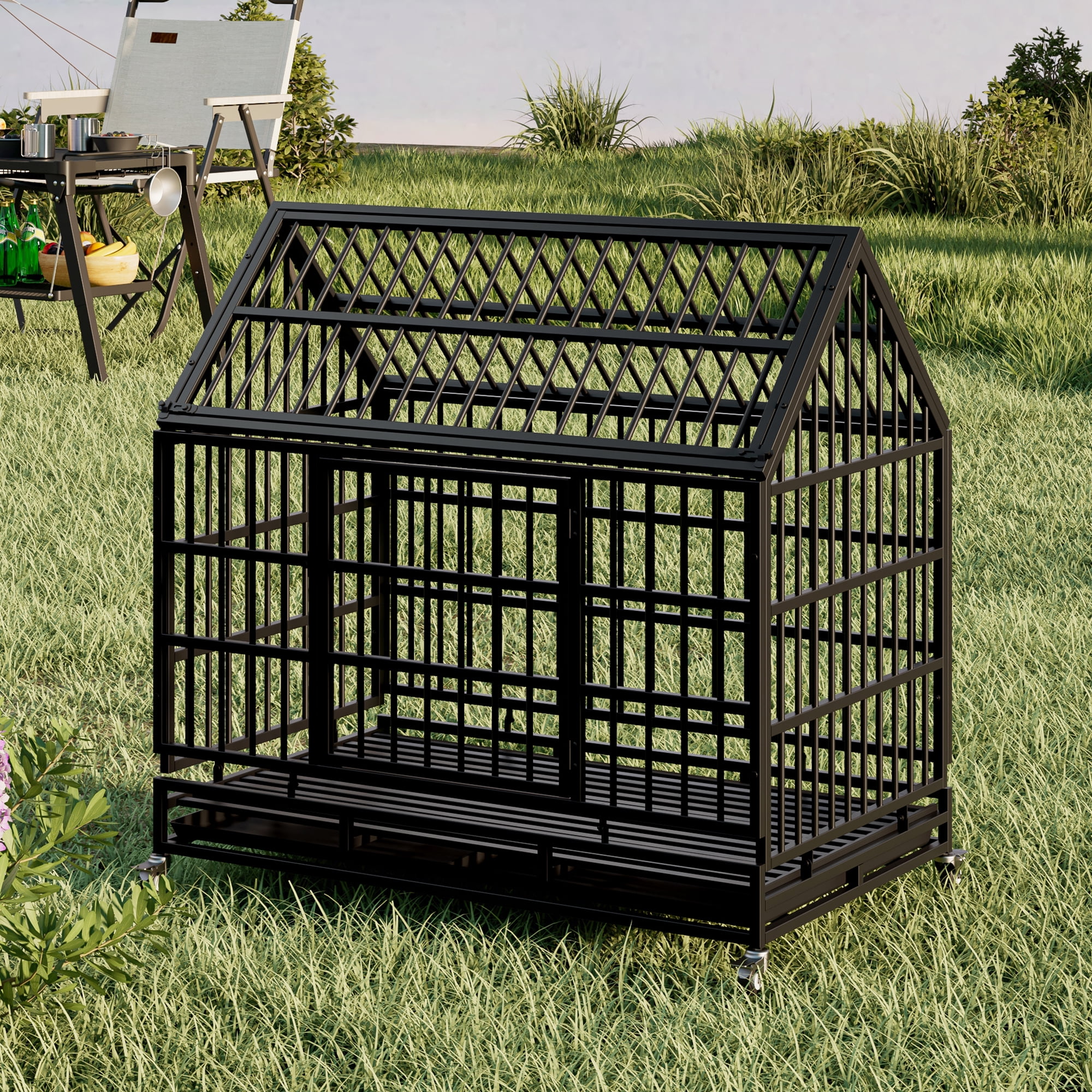 Pefilos 48" Heavy Duty Dog Cage with Wheels, Folding Metal Kennel and Crate for Medium and Large Dogs, Pet Playpen with Pointed Roof and Removable Tray, Black