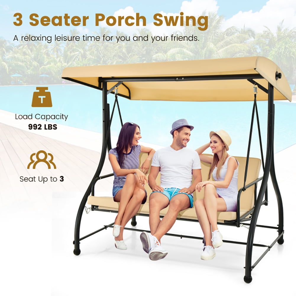 Aimee Lii 3 Seat Outdoor Porch Swing with Adjustable Canopy, Outdoor Swings for Adults, Beige Aimee Lii 3 Seat Outdoor Porch Swing with Adjustable Canopy, Outdoor Swings for Adults, Beige