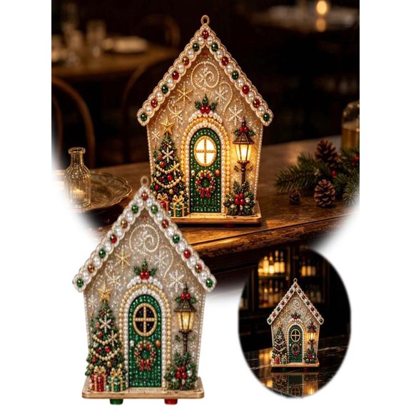 Christmas 3D Wooden House Rhinestone Art DIY Kit Relaxing Craft, Pearl Diamond Painting with Santa Snowman for Family Holiday Activity
