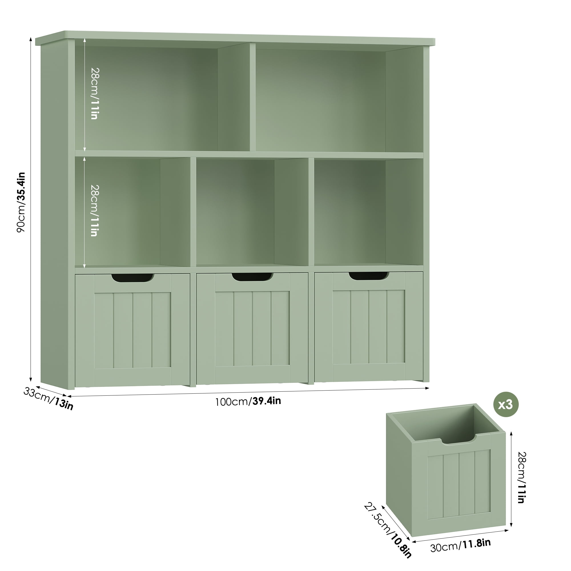 Homfa Toy Storage Organizer with 3 Movable Drawers, 5 Cube Kids Bookcase for Playroom, Storage Cabinet for Living Room, Green Finish