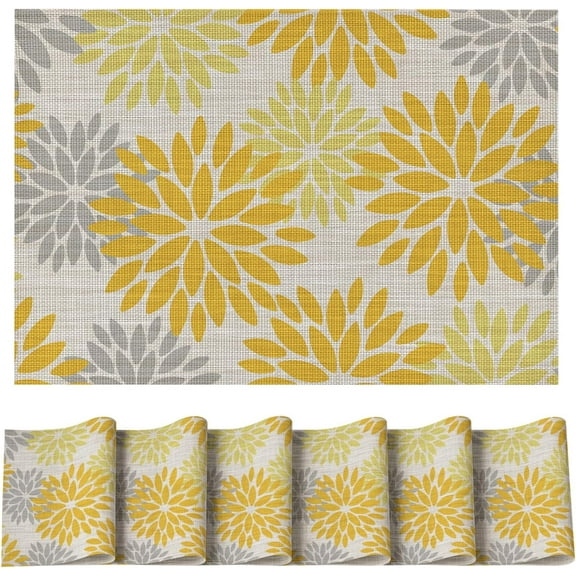 Floral Plastic Placemats Set of 6, 12x18 Inch Washable Non-Slip Plastic Vinyl Place Mats for Party Kitchen Dining Decor, Yellow