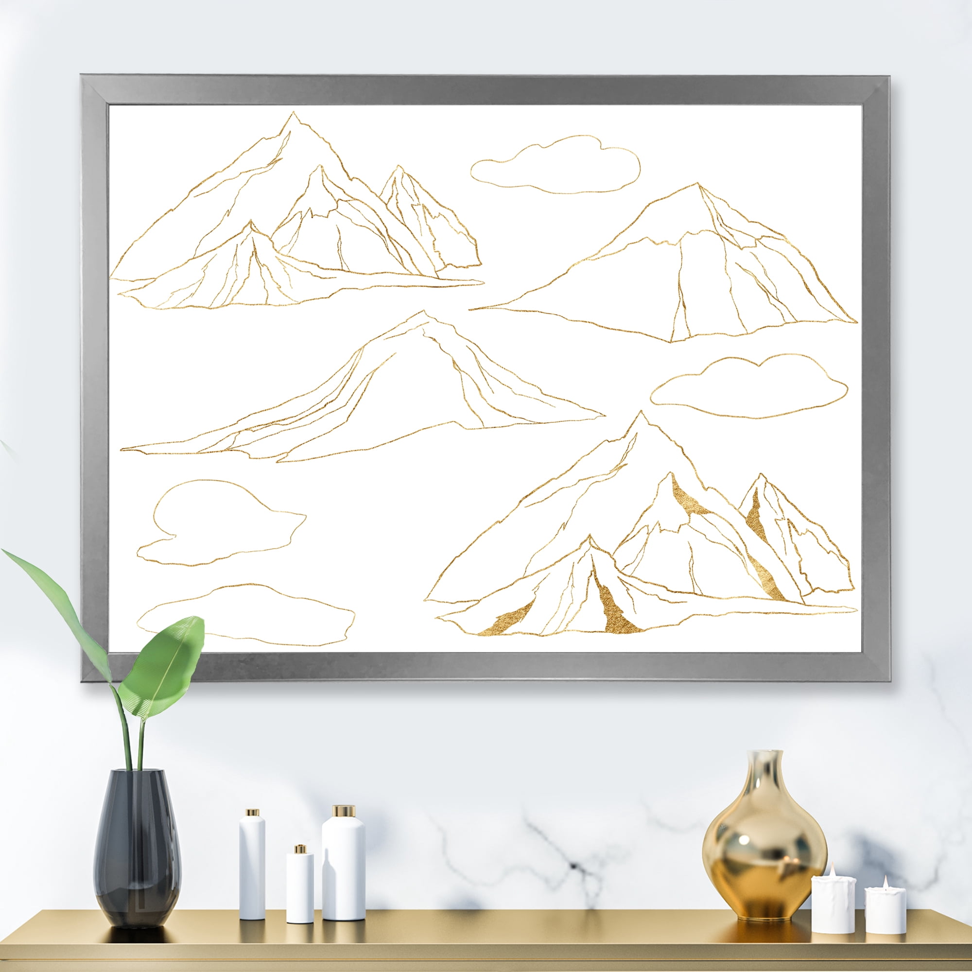 Designart 'Minimalistic Gold Linear Set Of Clouds and Mountains' Modern Framed Art Print