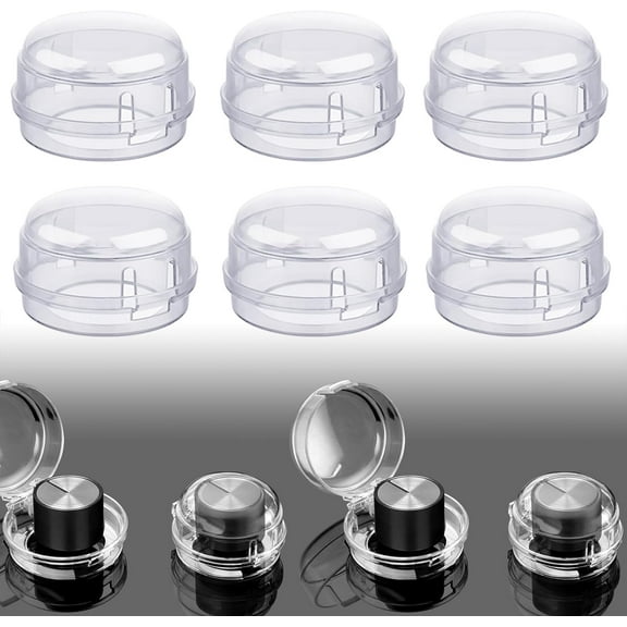 Luniquz 6 Pack Gas Stove Switch Protection Cover Clear Universal Gas Oven Knob Safety Covers with Matching Double-Sided Tape Stove Knob Locks for Gas Burners