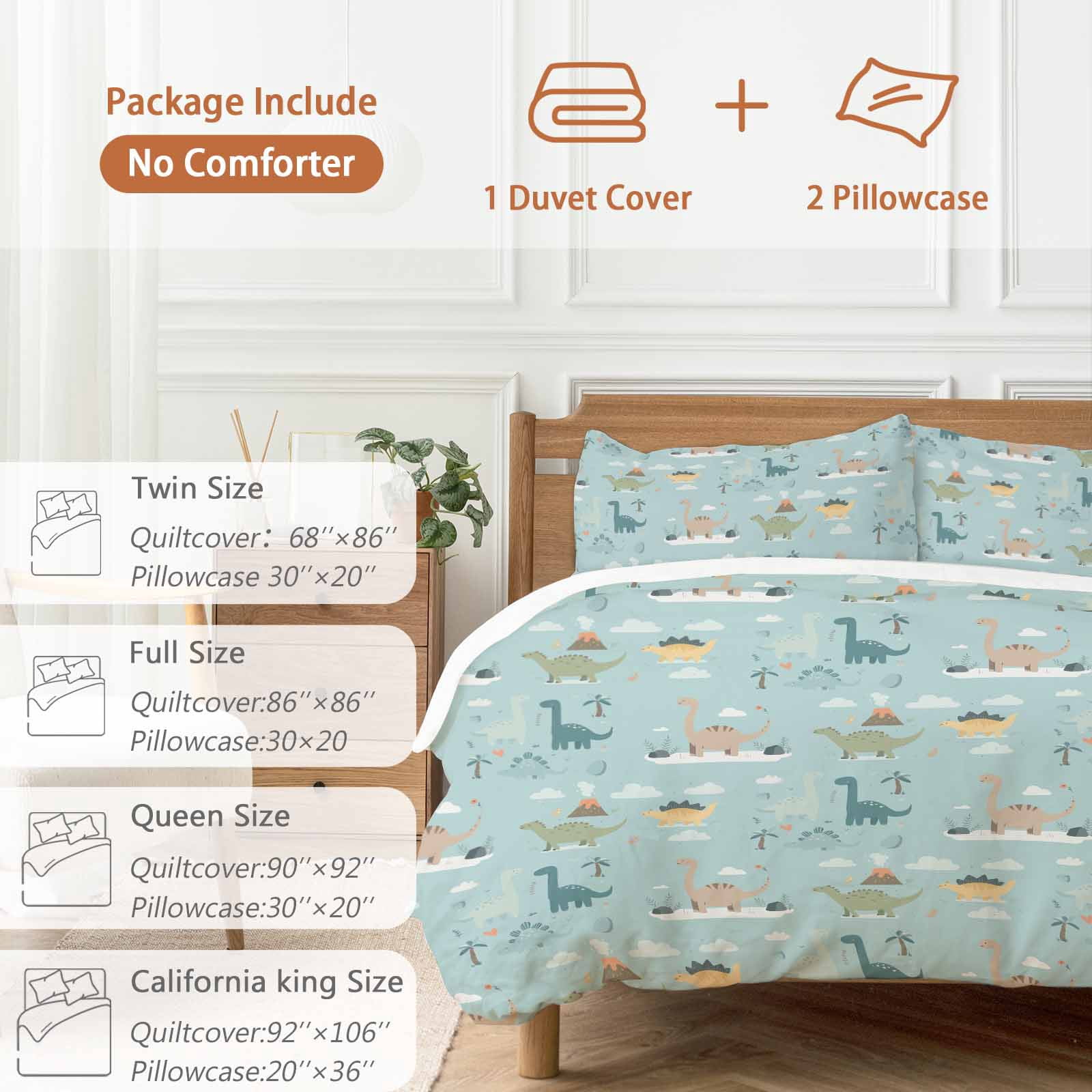 Cartoon Animals Bedding 3 Piece Duvet Cover Set Full Size, Funny Dinosaur Tropical Plants Blue Green Microfiber Comforter Cover with Zipper Closure & Pillowcases, Wrinkle & FadeResistant Quilt Cover