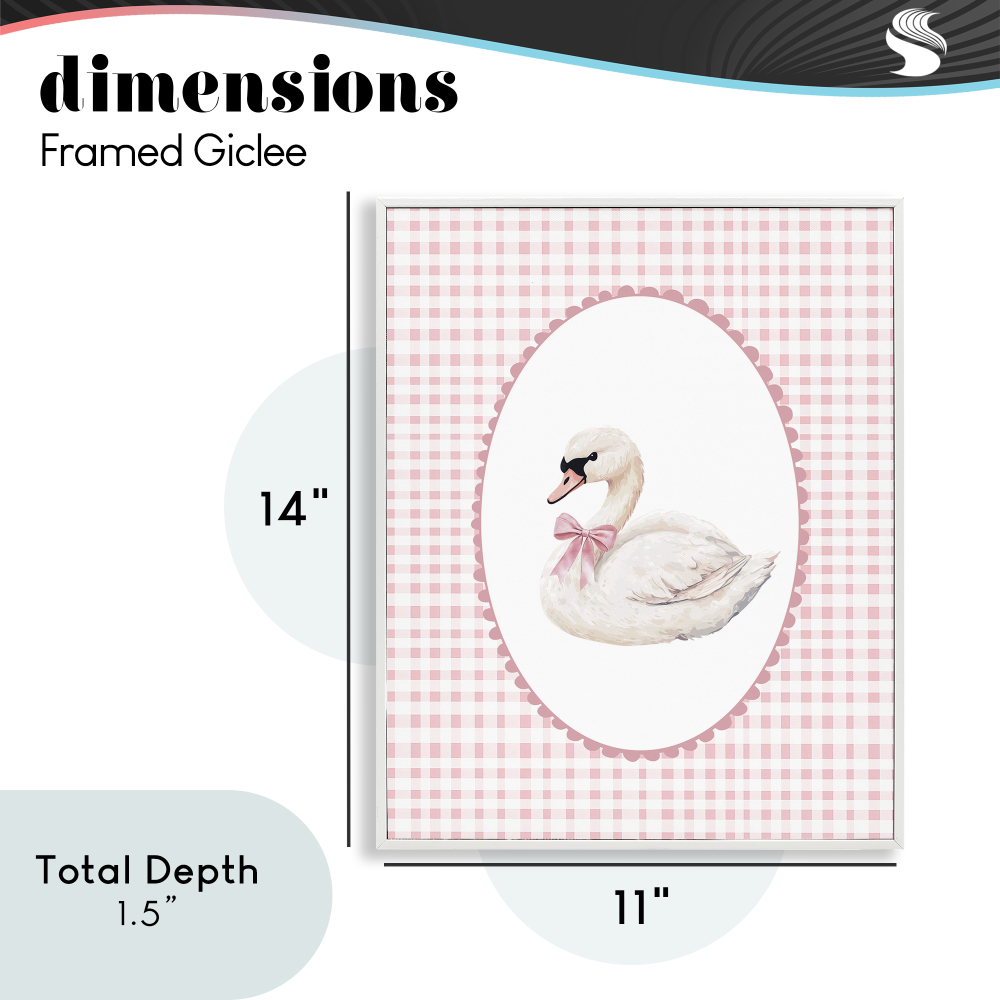 Gentle Swan on Pink Checkered White Framed Giclee Art, design by Christine Simpson Art