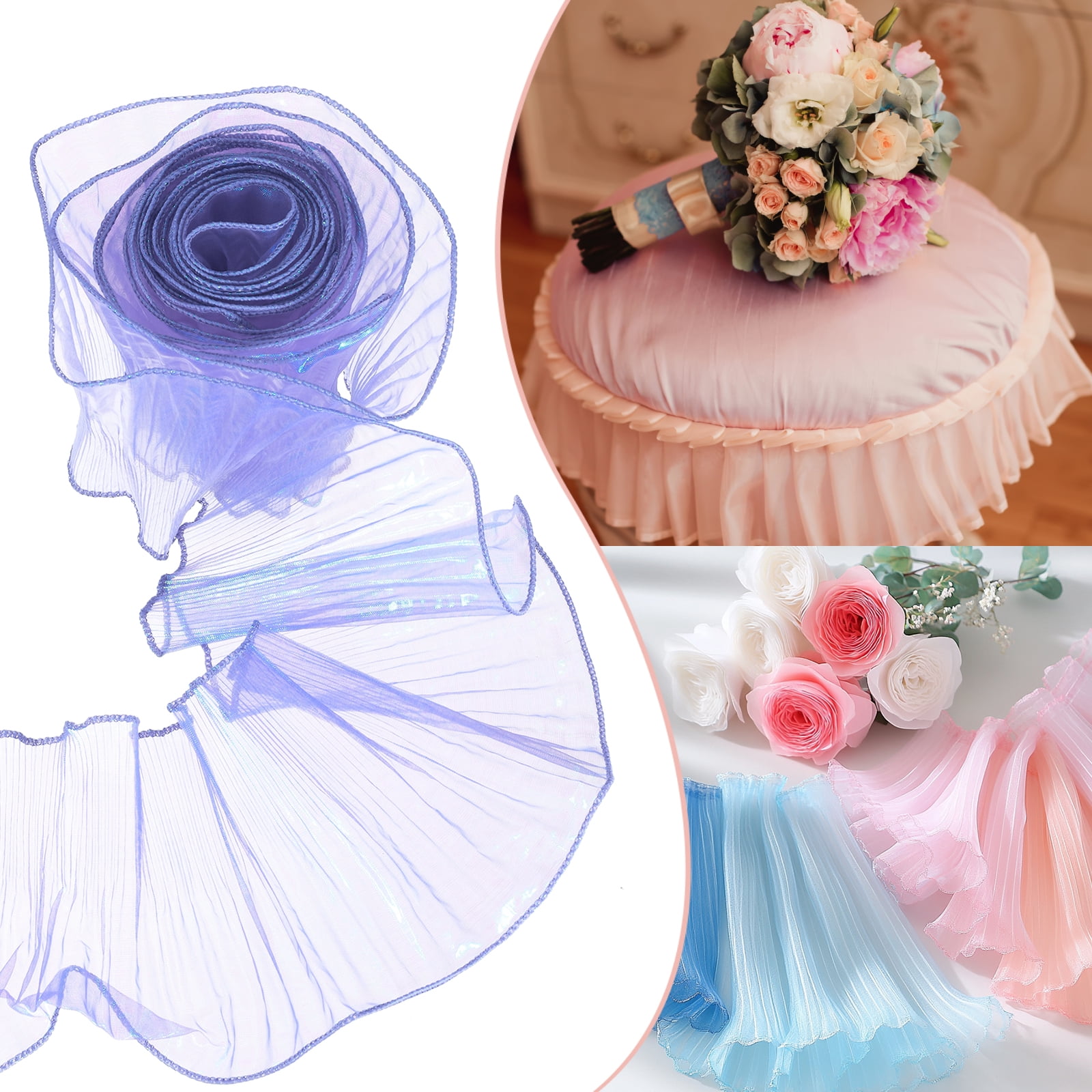 Uxcell 5.5" x 11 Yards Ruffle Pleated Organza Trim Iridescent Pleated Lace Trim Ribbon for DIY Craft Dress Clothing Wedding Gift Home Decoration, Light Purple