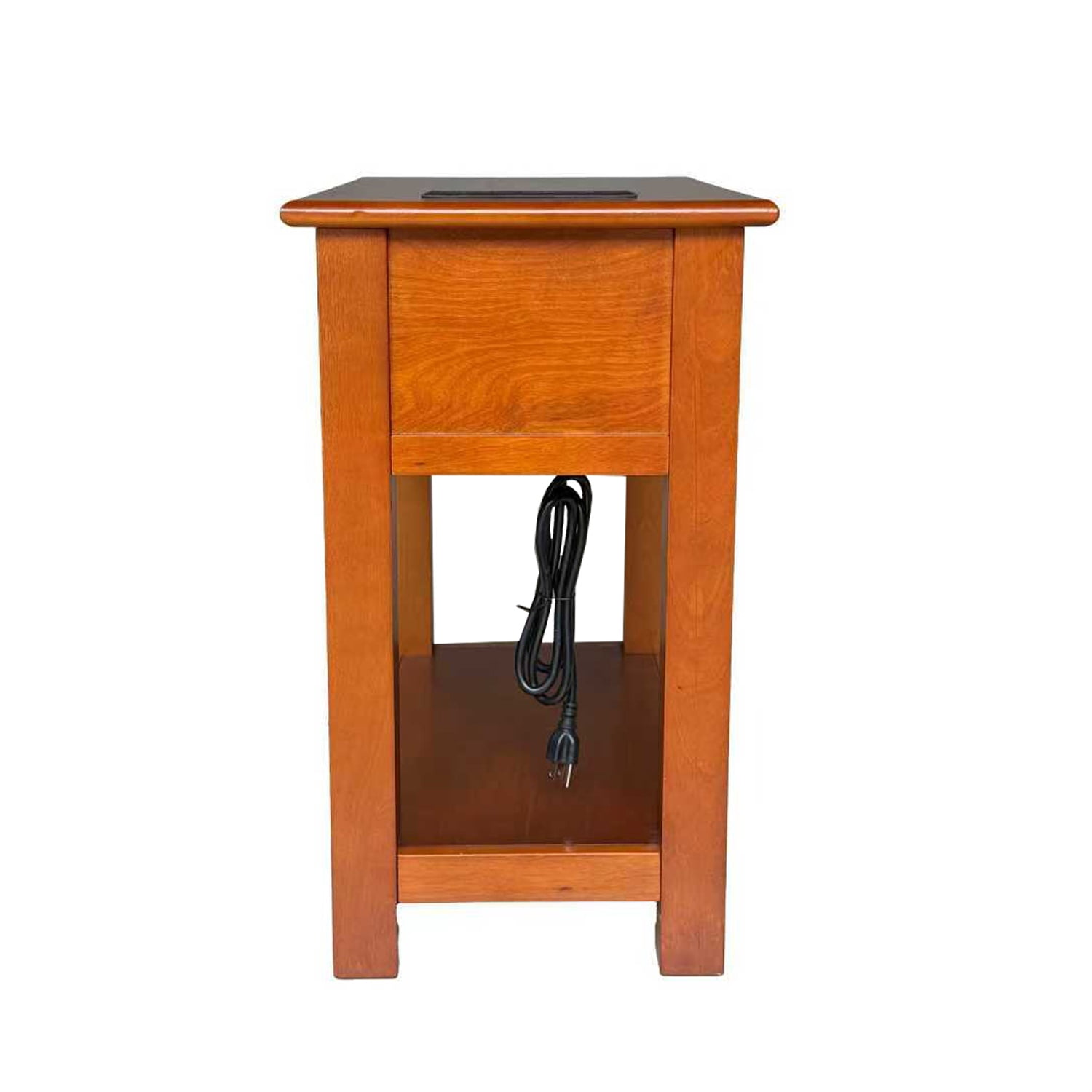 Hommoo Mission Style End Table with Built-in Charging Station, Wood Veneer Side Table with Drawer & Shelf for Living Room, Bedroom, or Small Spaces, Walnut
