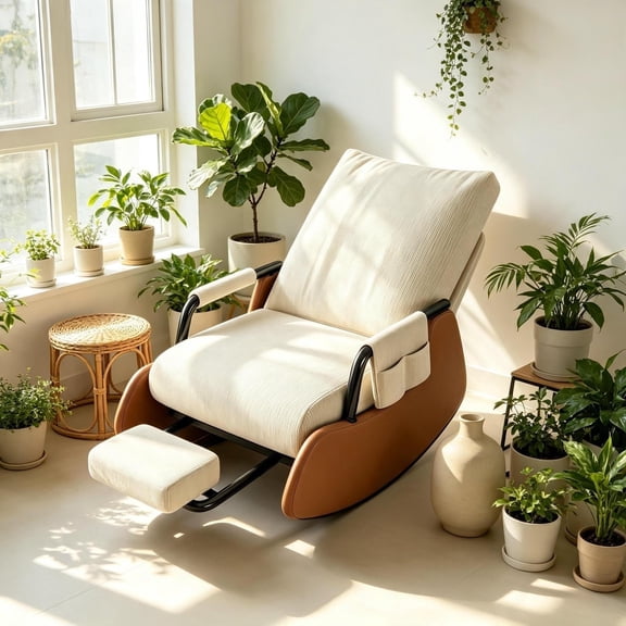 Gliding Rocking Chair with Ottoman, Foldable 3Position Adjustable Indoor Glider Recliner Chair, AntiTipping Rocker Chair for Bedroom Living Room Balcony, Beige Brown