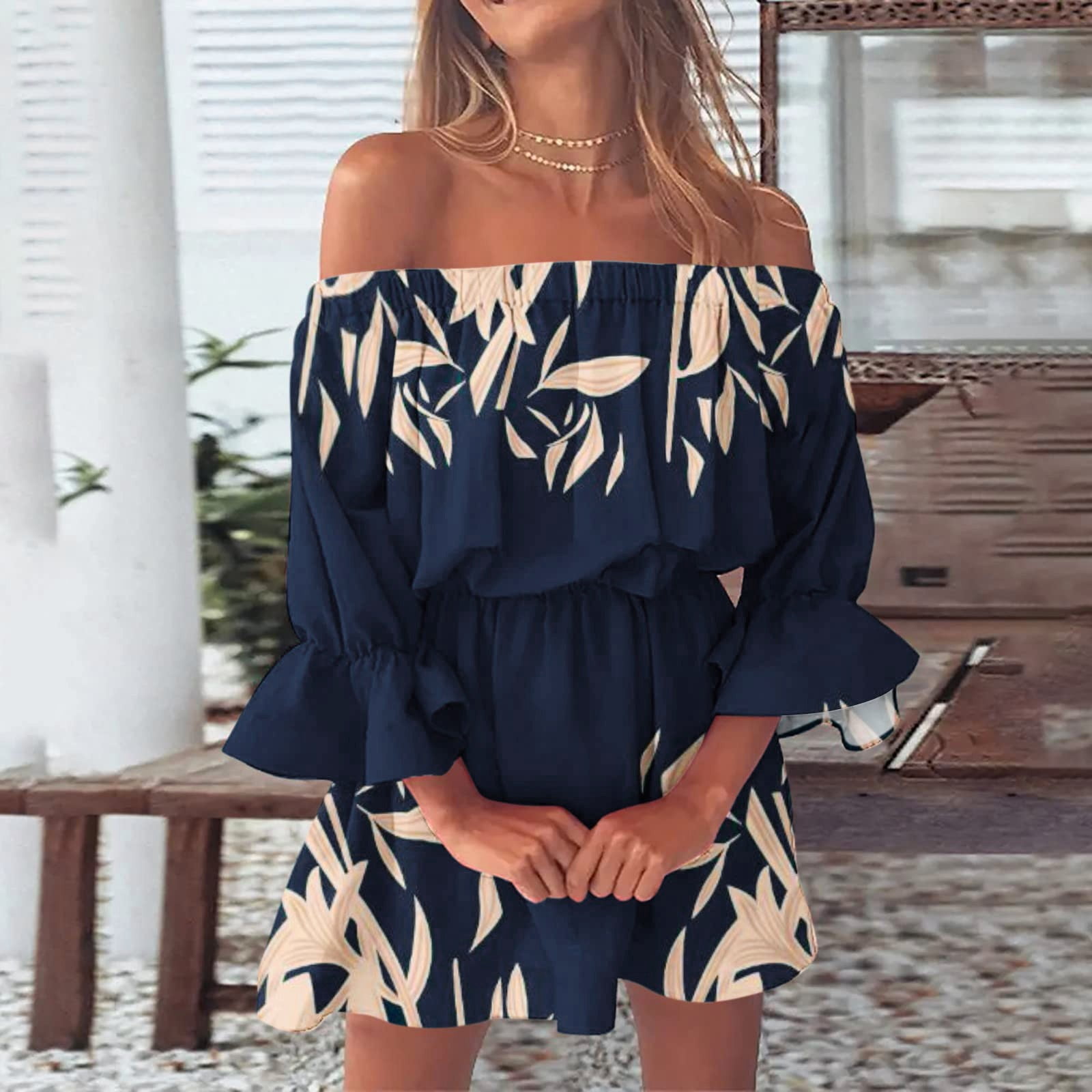 off shoulder summer dresses uk LCDIUDIU Summer Dresses,Women'S Summer Elegant Dresses Blue Solid Color Off- Shoulder Double Ruffle Hem Stitching Slim Belted Long Dress Sleeveless Sexy Charm Dress For Party Evening Cocktail Beach,L : Amazon.co.uk: Fashion