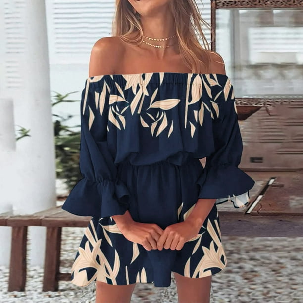 WILLBEST Vestidos Casuales Vestidos de Verano para Mujer 2022 Playa Sexy Hombros Descubiertos Túnica Casual Suelta Manga Mini Vestido Floral Extra Grande