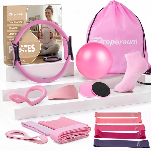 Pilates Essentials Kit for Women - Better Yoga Pilates Kit for Home Workouts with Pilates Ring and Ball Set,Booty Bands,Figure 8 Resistance Band,Yoga Bands 16 pieces Pink color