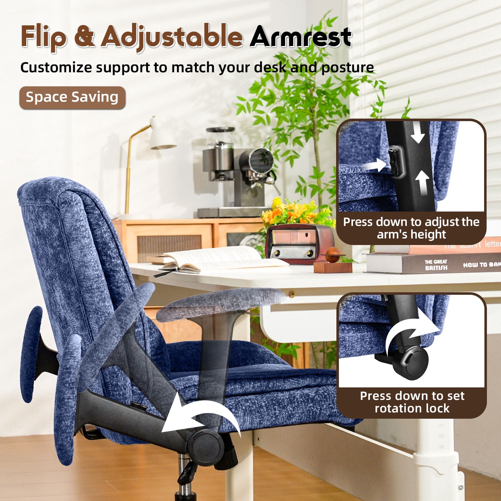 zzw Chenille Home Office Criss Cross Chair with Flip Arms, Lumbar Support and Wheels, Blue