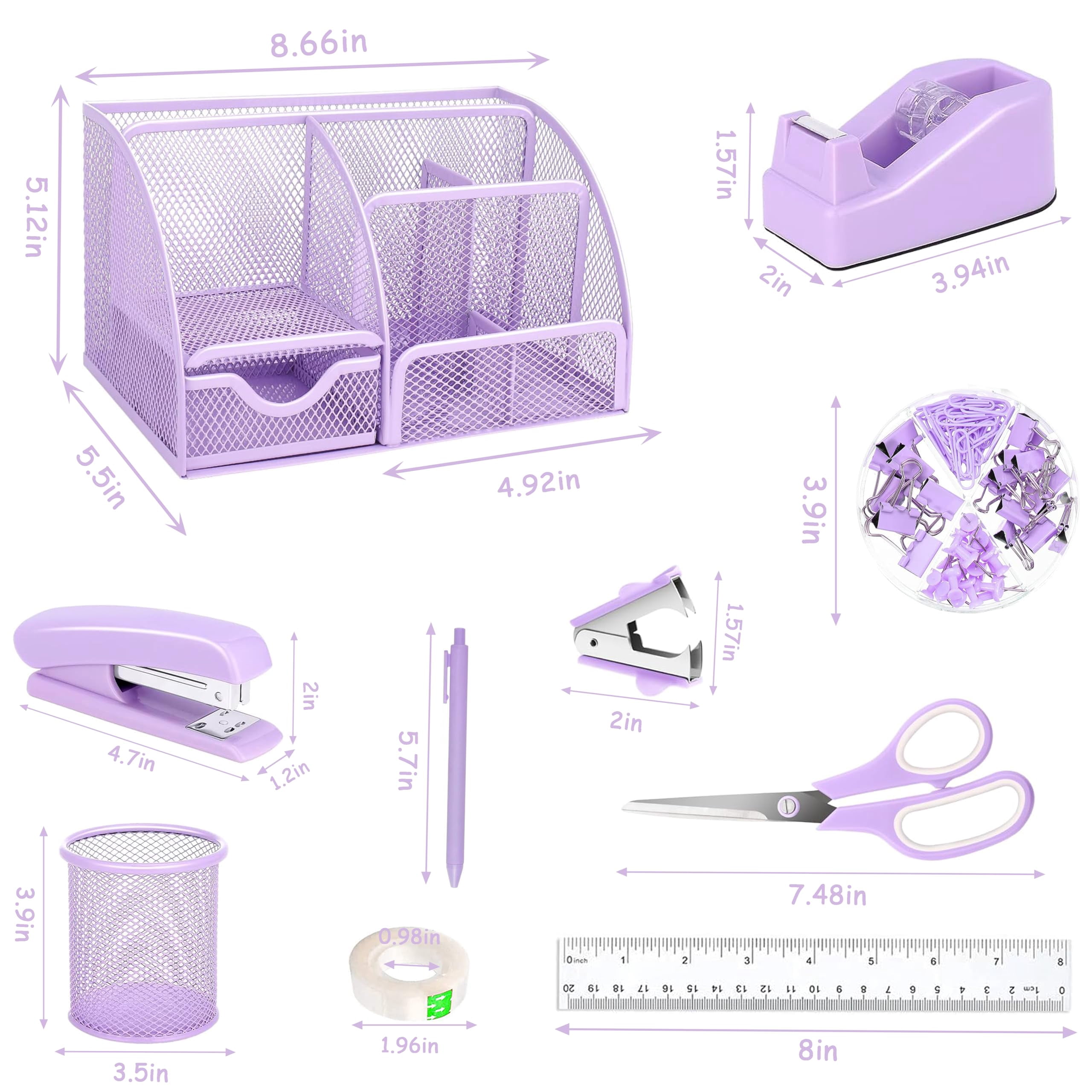 Purple Office Desk Accessories Supplies  12pcs Organizers And With Tape Dispenser Stapler Staples Staple Remover Pen Holder Scissor Ruler Sticky Tabs Ballpoint Clips Set