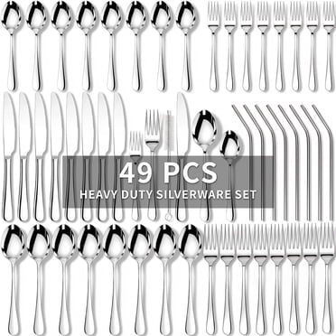 Kikcoin Silverware Set for 8, 49 Pcs Stainless Steel Flatware Set, Mirror Polished  Tableware Cutlery for Home, Restaurant, Dishwasher Safe