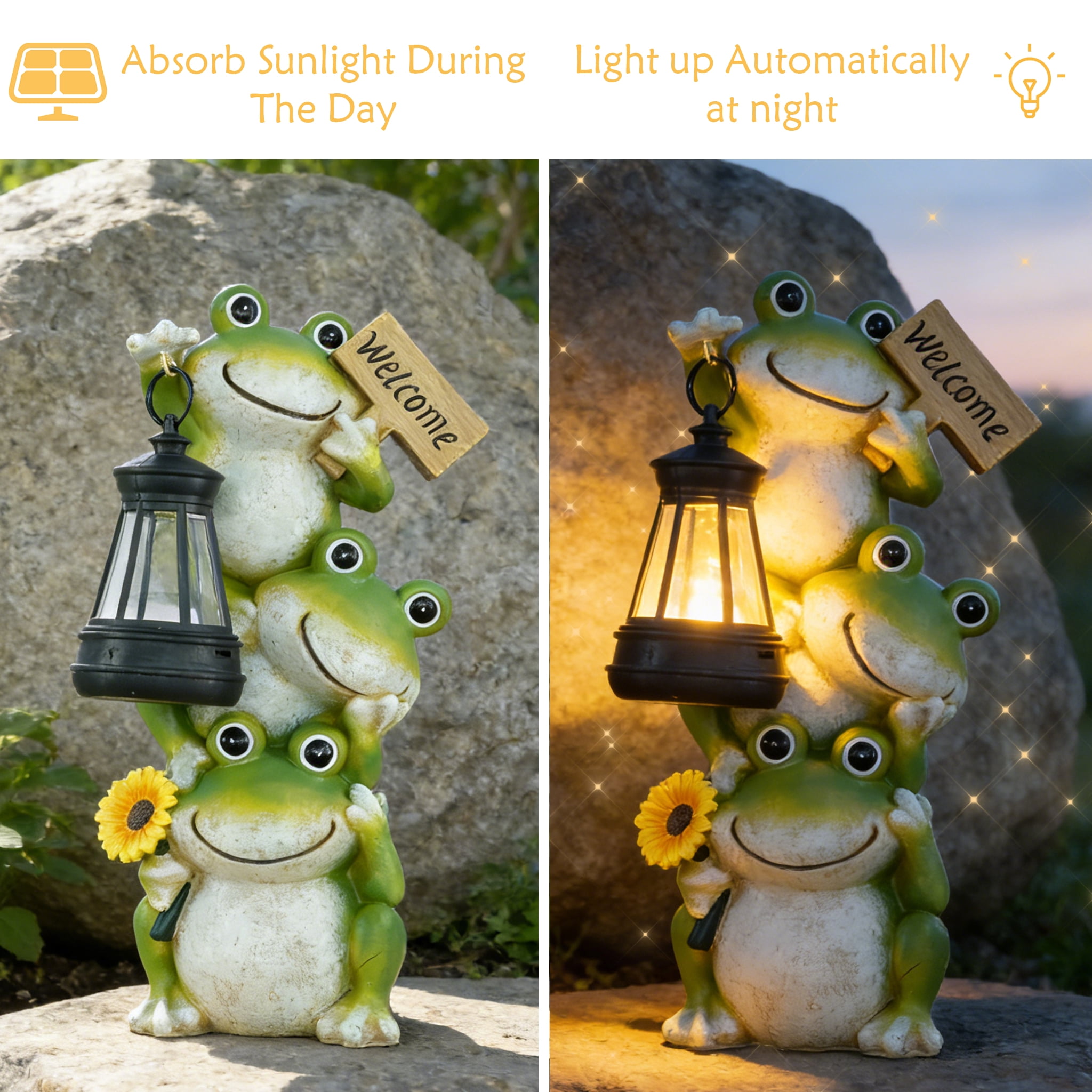 Solar Lantern Frog Garden Decoration with Sunflower Creative Stacking Frogs Welcome Sign Outdoor Art Durable Resin Yard Decor Solar Frog Statue Night Light for Garden Patio Courtyard Perfect Gift
