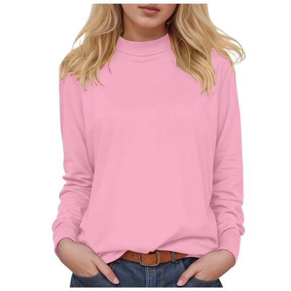 felwors Mock Neck Tops for Women Long Sleeve Basic Cute Fall Shirts Dressy Casual Lightweight Work Blouse Undershirt Pink, XL