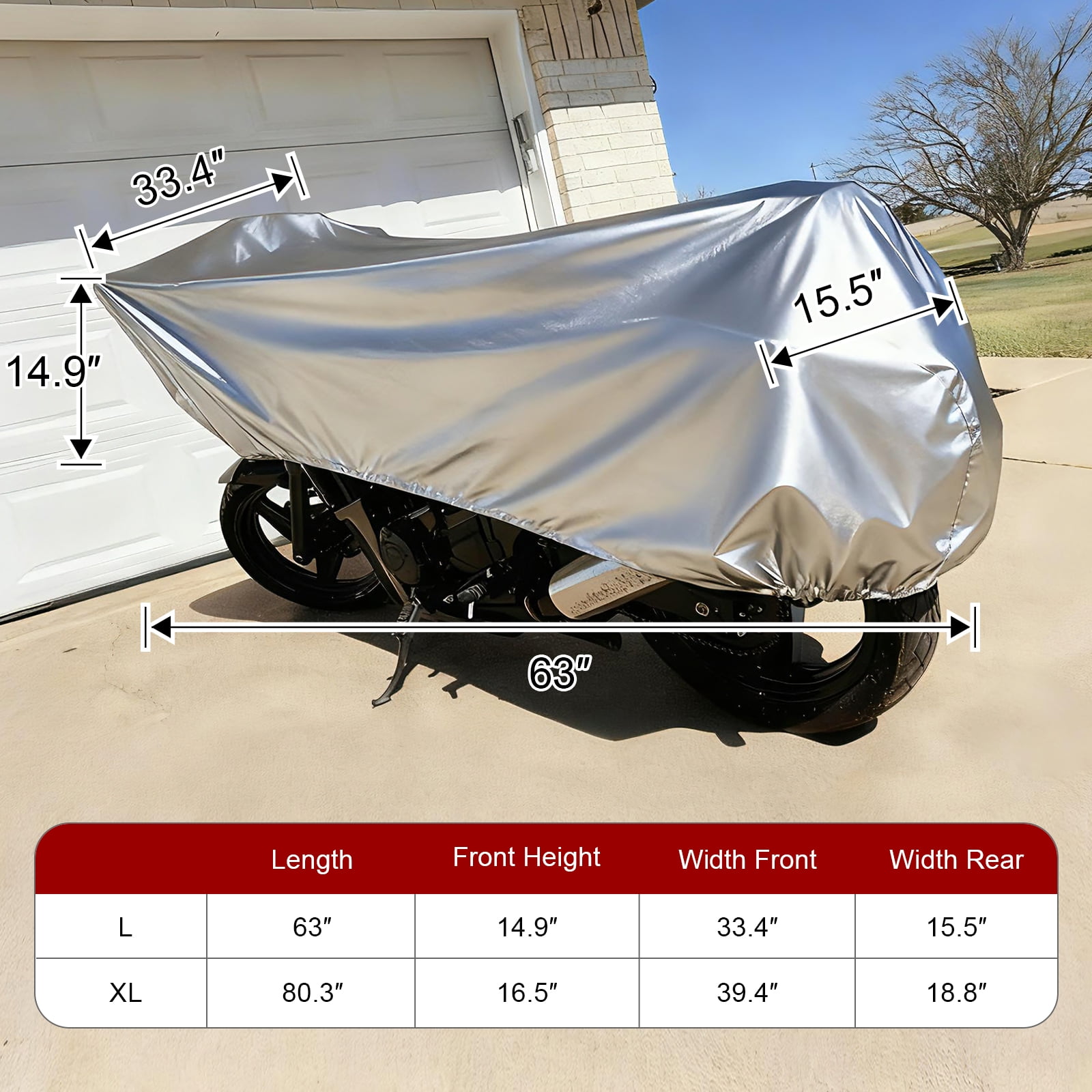 Dream Apparel Motorcycle Half Cover, Waterproof Motorcycle Cover for Outdoor, Rain Snow Dust Protection Universal Fit Heavy Duty Motorbike Vehicle Cover with Storage Bag, Silver L