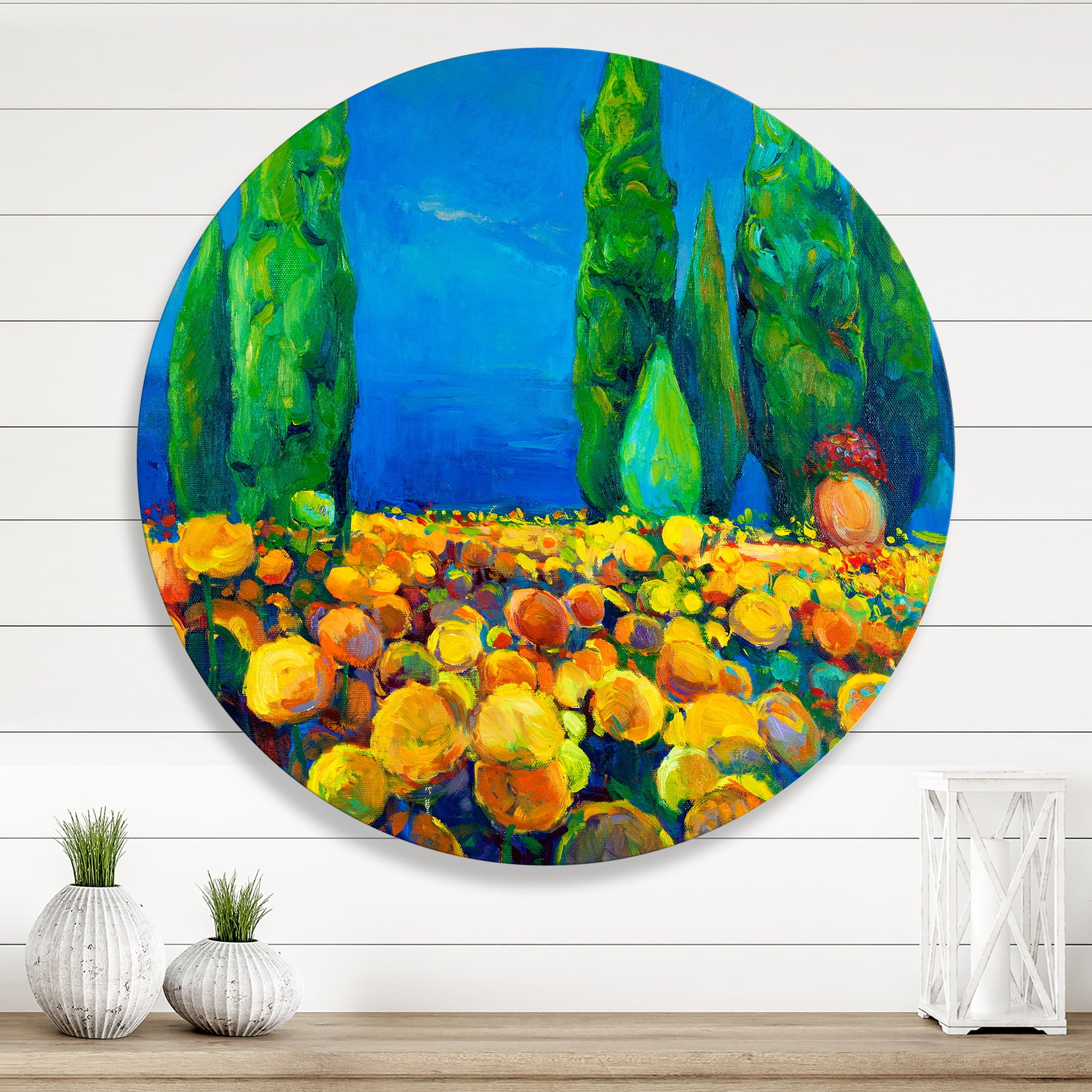 Designart 'Yellow Blossoming Flowers Landscape With Green Trees' Traditional Circle Metal Wall Art 23x23 - Disc of 23