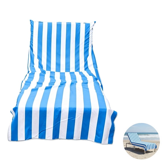 Blue & White Striped Beach Chair Cover, Double-Sided Fleece Chaise Lounge Towel with Elastic Straps, Pool Lounger Cover, Quick-Dry Chair Pad for Outdoor Holiday Relaxation