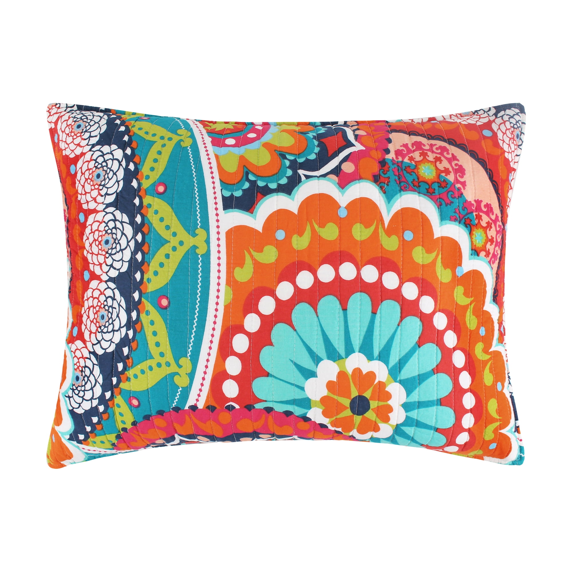 Levtex Home - Serendipity Quilt Set - Full/Queen Quilt + Two Standard Pillow Shams - Boho Floral in Orange Teal Red Blue - Quilt Size (88x92in.) and Pillow Sham Size (26x20in.) - Reversible - Cotton