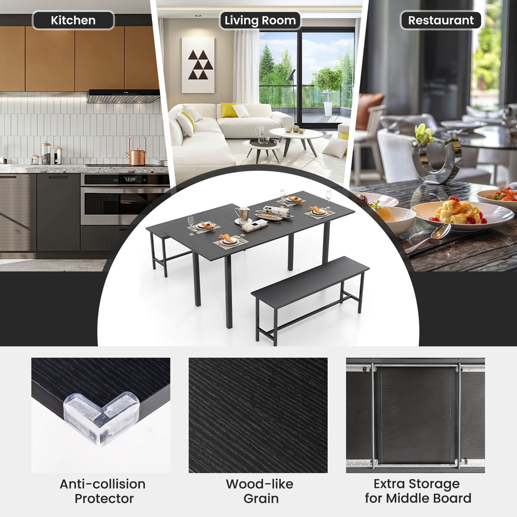 Costway 3 Piece Dining Table Set for 4-6  63"Kitchen Table with 2 Benches Metal Frame Black