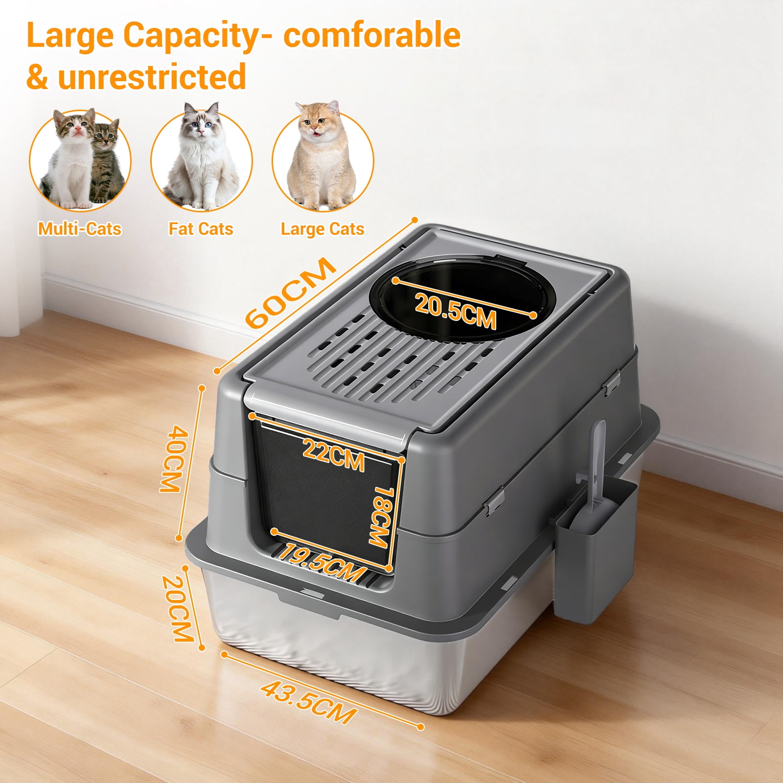 Extra Large Stainless Steel Cat Litter Box with Dual Entry – 180° Flip Top Lid, Enclosed Design for Odor Control & Privacy, 23.62” l x 15.75” w x 17.13” h, Ideal for Large Cats & Multi-Cat Households