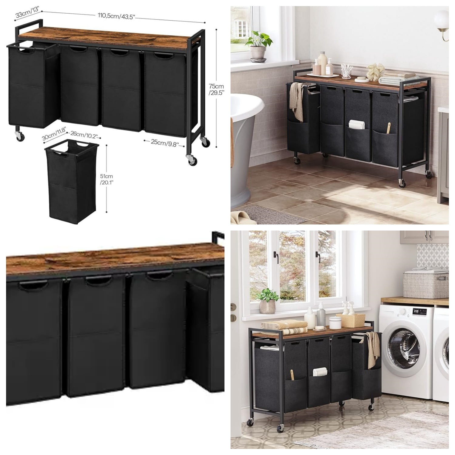 Laundry Sorter 4 Sections, Laundry Hamper with Wheels, 4 × 10.5 Gal (40 L), Rolling Laundry Basket, Pull-Out and Removable Oxford Fabric Bags, Rustic Brown and Black BF04XY01
