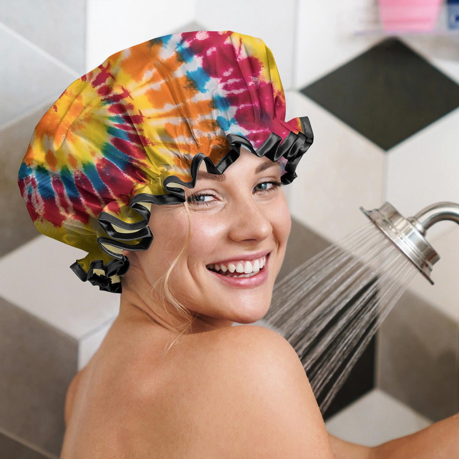 Shower Caps,Colorful Tie Dye Pattern Waterproof Shower Cap for Women 4 Pieces,Double Reusable Hair Cover for Shower PEVA Elastic Stretch Hem