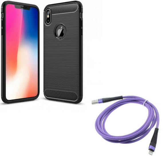Purple 6ft USB Cable w Carbon Fiber Case for iPhone XS Max - Charger Cord Power Wire Braided Long and Slim Fit Cover Reinforced Bumper Shock Absorbent Black