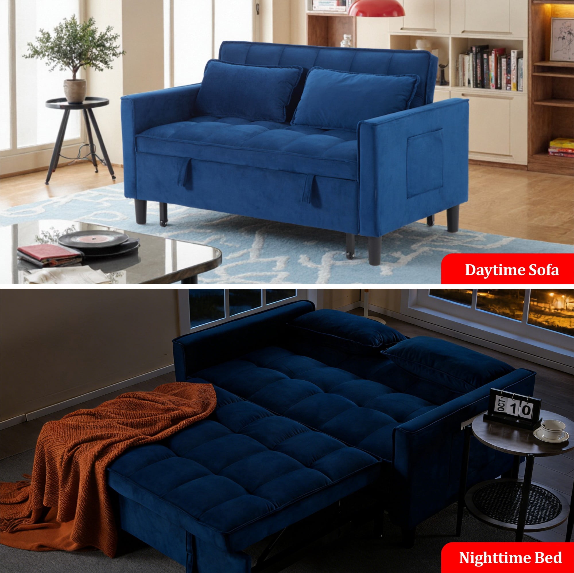Gewnee 53.94" Pull-Out Sofa Bed – Convertible Twin Size Sleeper Bed,3 Adjustable Backrest Angles & Storage Side Pocket for Living Room,Office,Guest Room.Blue