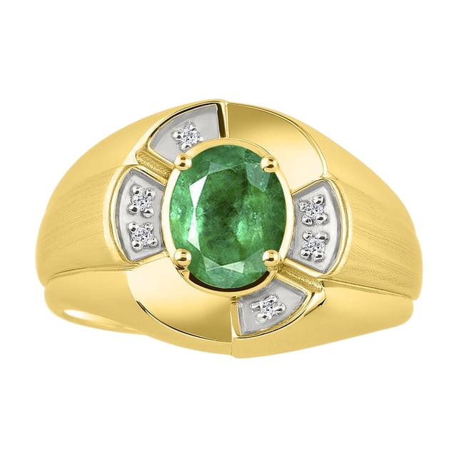 RYLOS Yellow Gold Plated Silver Ring 8X6MM Oval Gemstone & Diamond Unisex Rings Emerald May Birthstone Ring Size 7