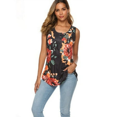 Women's T-Shirts Fashion Short Sleeve With Buttons Summer Print Tank Tops