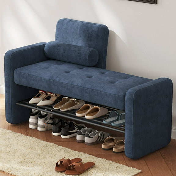 Guyii Velvet 3-Tier Shoe Bench with Backrest and Armrests, 40.94" Upholstered Shoe Rack, Shoe Storage Bench for Entryway, Hallway, Living Room, Blue