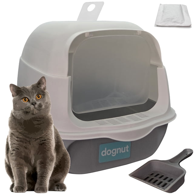 dognut - Arenero para Gato con Pala, Grande, Cerrado, con Tapa y Puerta Abatible, Gris y Blanco (50x35x33 cm)