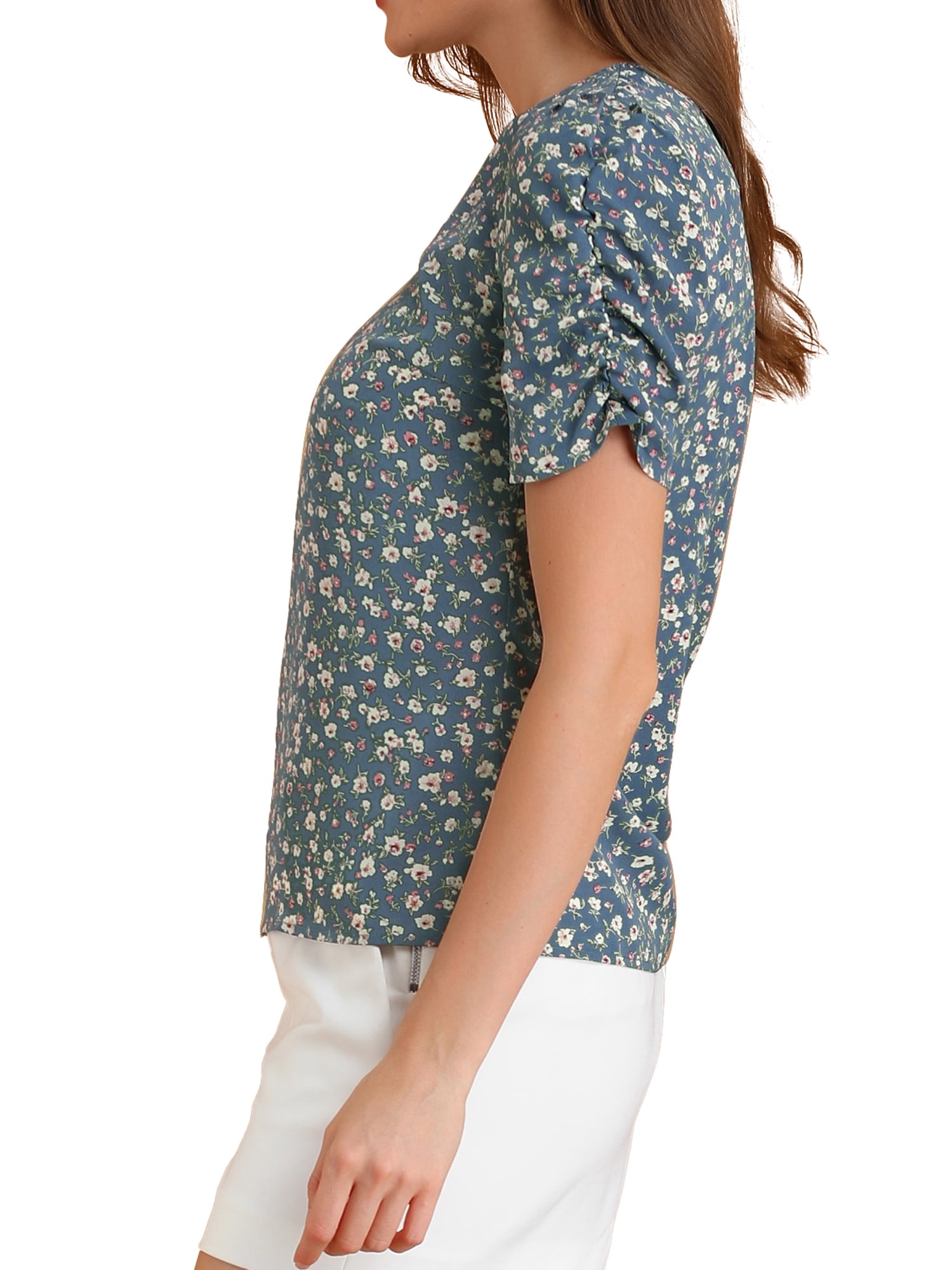 DARING DIVA Floral Crew Neck Shirred Short Sleeve Casual Top XL Blue